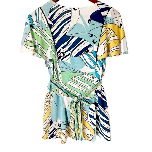 BCBGMAXAZRIA Abstract Art Deco Butterfly Blouse Striped Belted Peplum Top Sz M - Picture 12 of 15